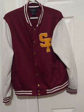 Forever 21 Maroon and White Varsity Letterman Jacket with Gold Patch